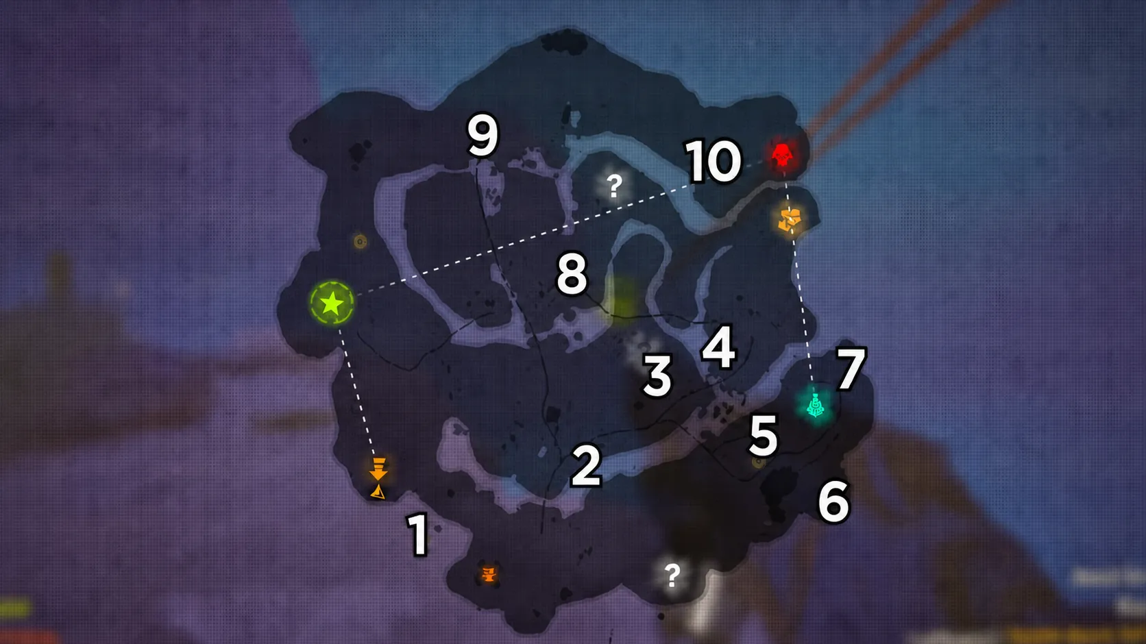 Far Far West Canyon map with 10 grave locations marked and connected by a dotted route