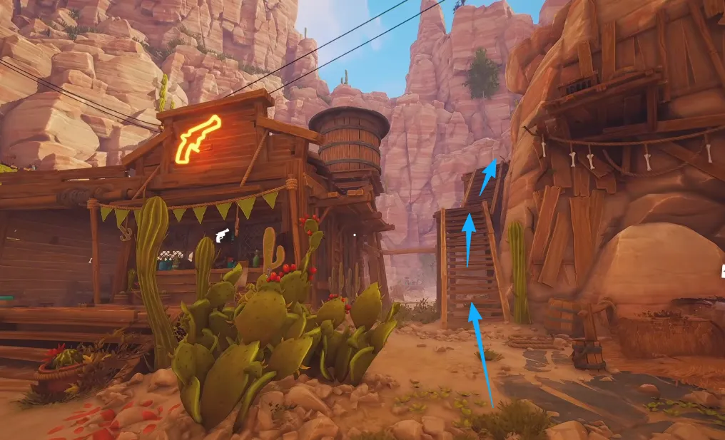 Far Far West saloon route with arrows showing where to go to find the Ghost NPC for code redemption