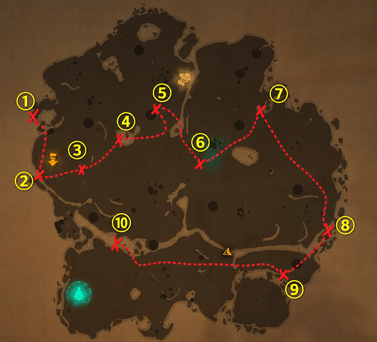 Far Far West Desert map with 10 grave locations marked and connected by a red dotted route
